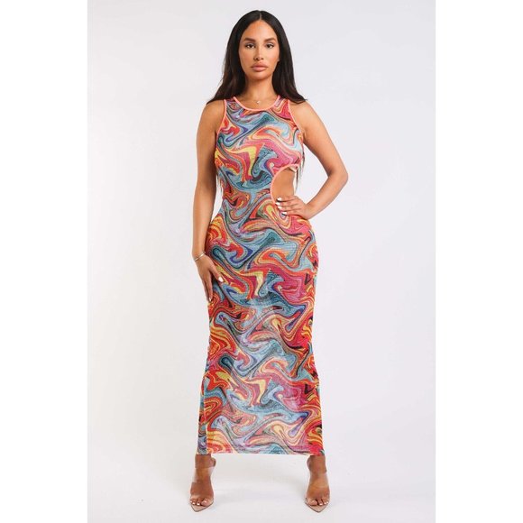 Dresses & Skirts - Womens Marble Print Fishnet Cut-Out Midi Long Dress Bodycon Sleeveless Crew Neck